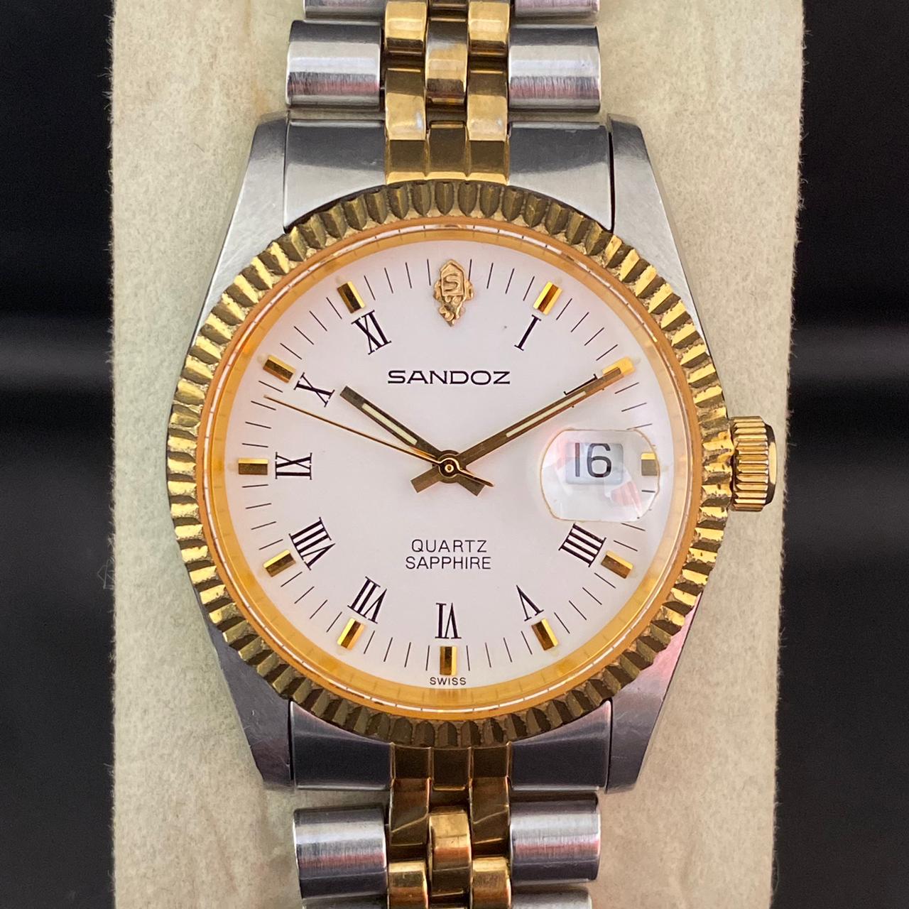 RARE Sandoz Quartz TwoTone Sapphire White Dial Roman Date Swiss Watch Men 90's