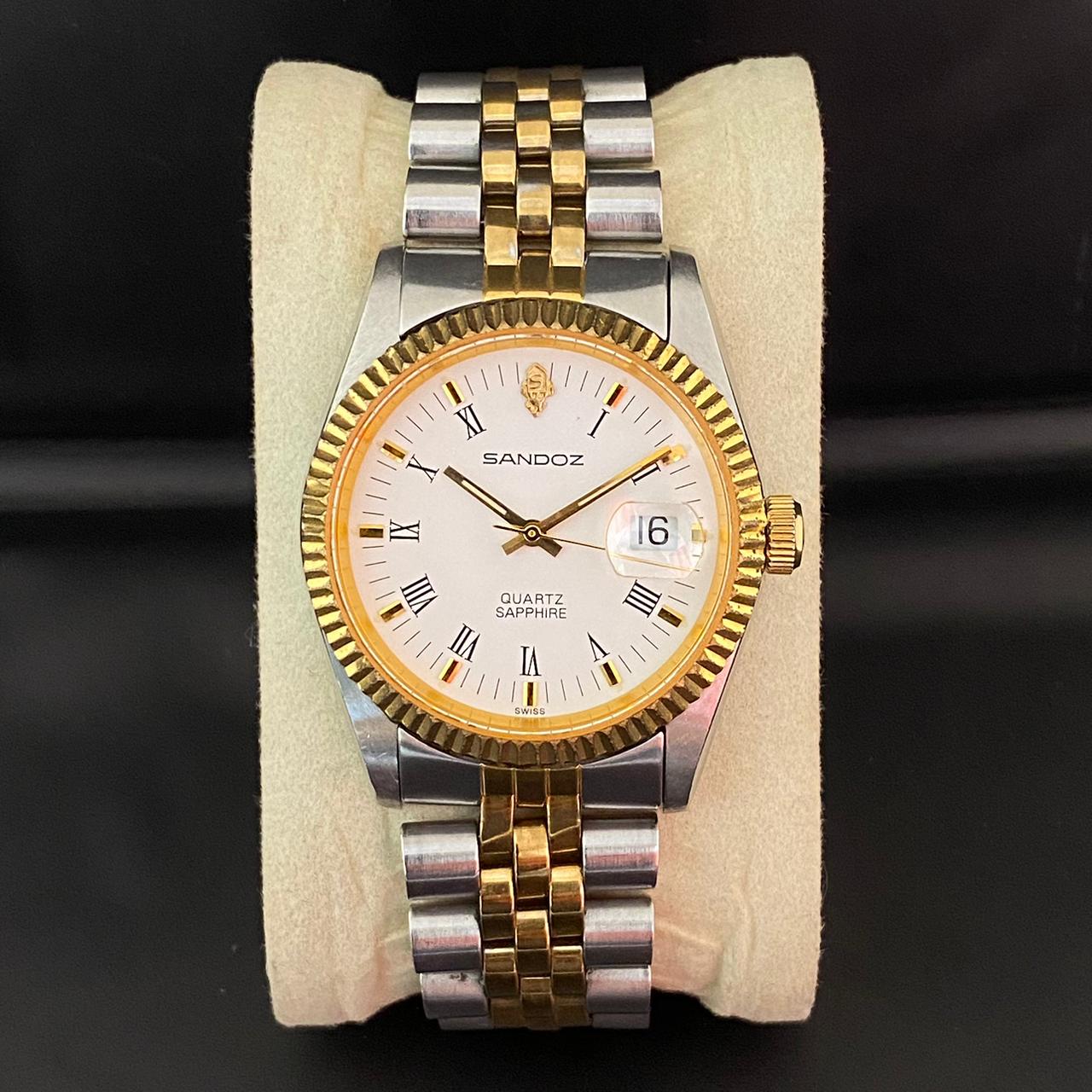 RARE Sandoz Quartz TwoTone Sapphire White Dial Roman Date Swiss Watch Men 90's