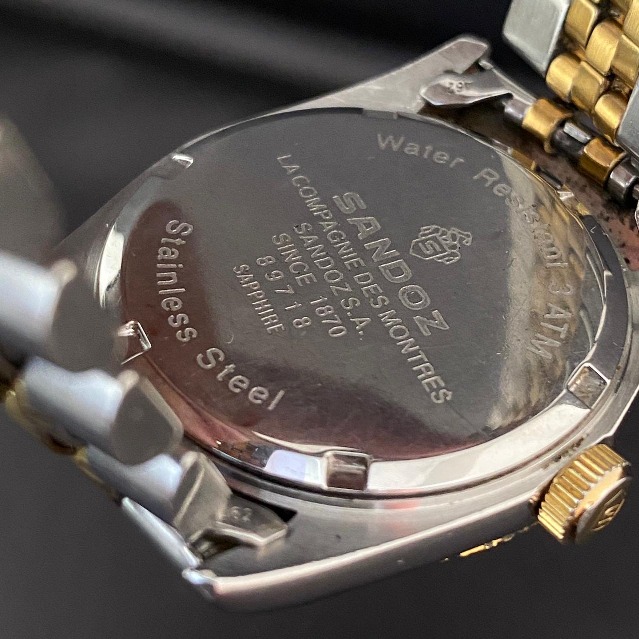 RARE Sandoz Quartz TwoTone Sapphire White Dial Roman Date Swiss Watch Men 90's