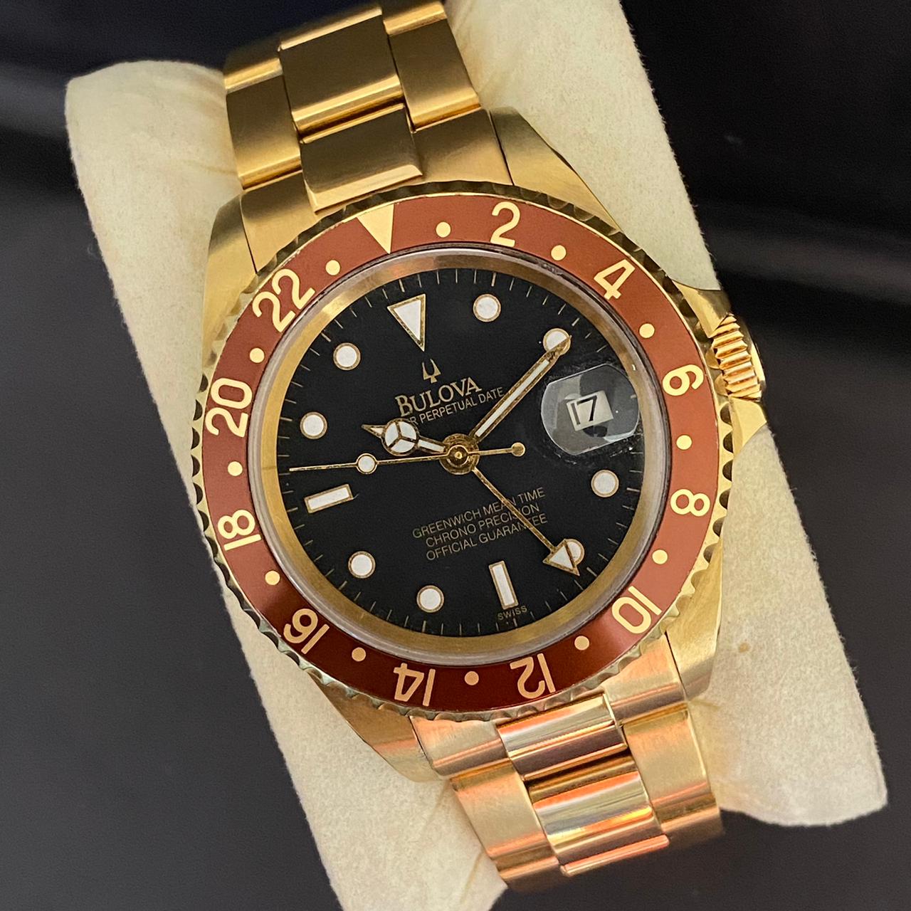 RARE Bulova Perpetual Date GMT Rootbeer Dial Automatic Gold 1990's Vintage Watch