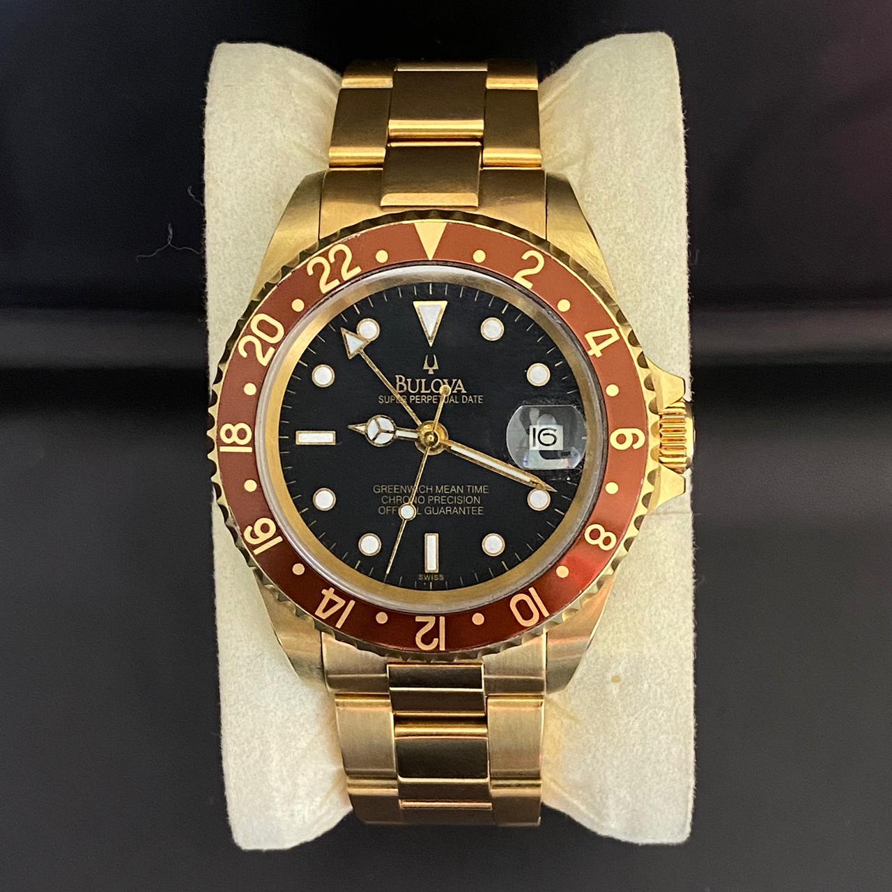 RARE Bulova Perpetual Date GMT Rootbeer Dial Automatic Gold 1990's Vintage Watch