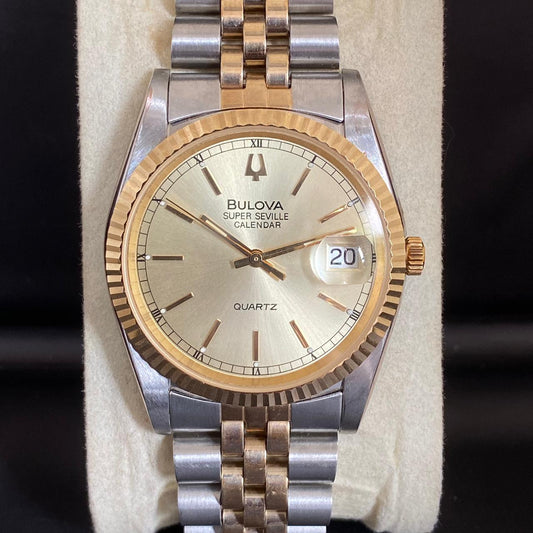 RARE Bulova Super Seville President Day Date Diamond Index Two Tone Watch Men