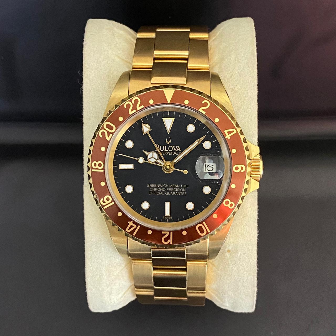 RARE Bulova Perpetual Date GMT Rootbeer Dial Automatic Gold 1990's Vintage Watch