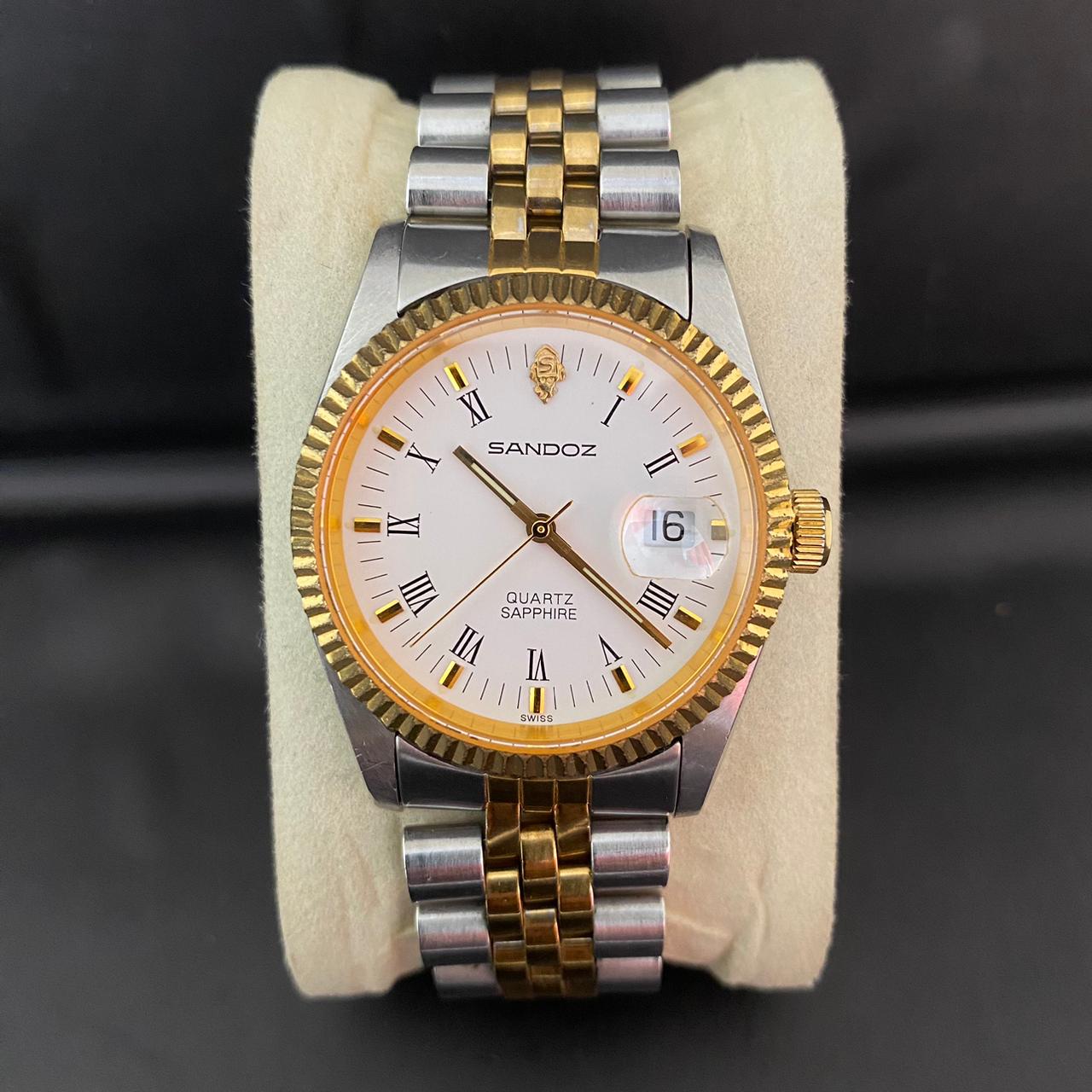 RARE Sandoz Quartz TwoTone Sapphire White Dial Roman Date Swiss Watch Men 90's