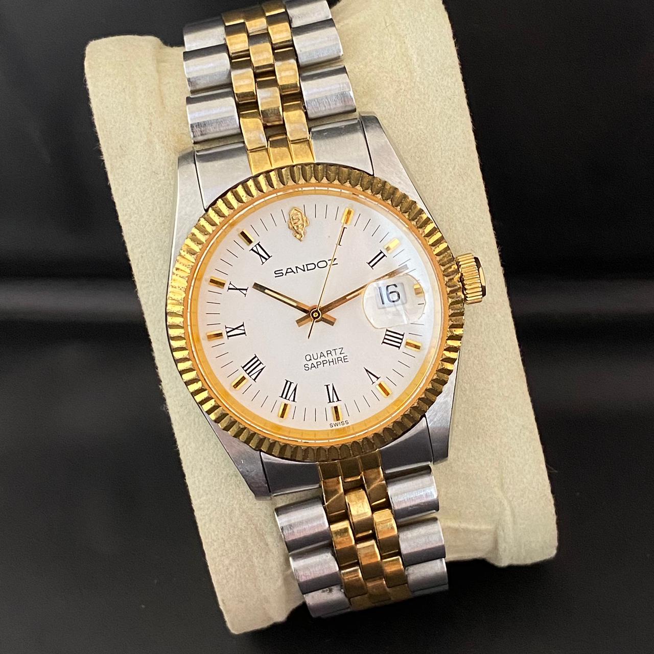 RARE Sandoz Quartz TwoTone Sapphire White Dial Roman Date Swiss Watch Men 90's