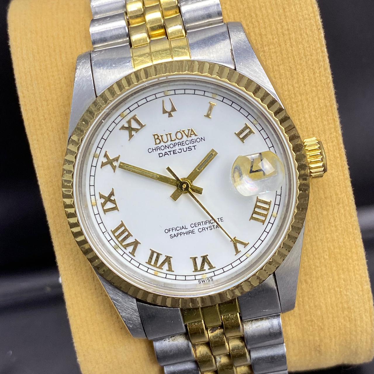 RARE Bulova Chronoprecision Date Roman Index White Dial Automatic Two Tone Swiss