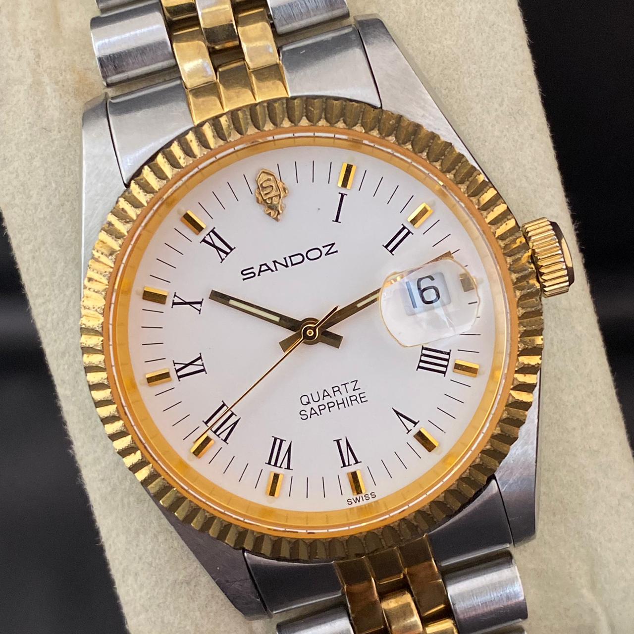 RARE Sandoz Quartz TwoTone Sapphire White Dial Roman Date Swiss Watch Men 90's