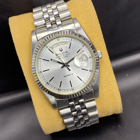 RARE Bulova President Super Seville DayDate Silver Dial Quartz Baton Swiss Watch