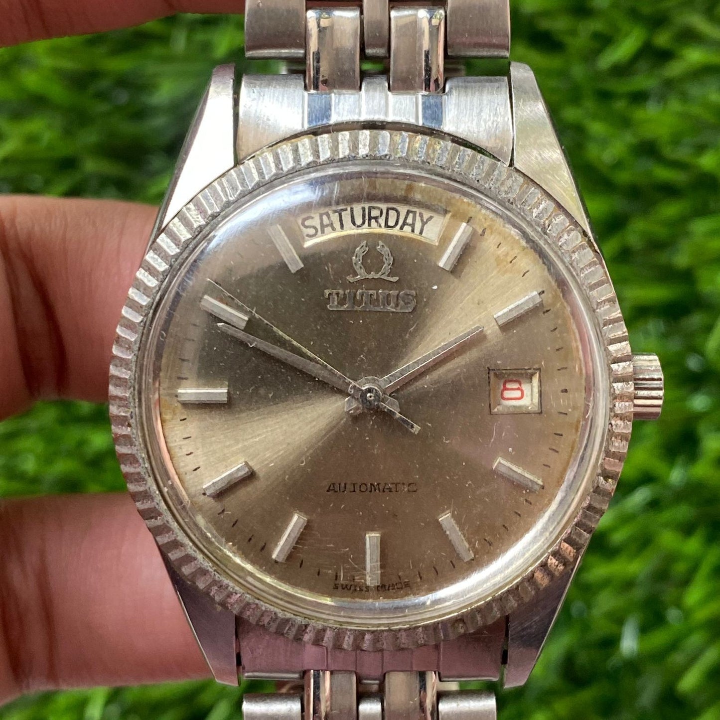 Rare Titus President Automatic Day Date Gray Dial Swiss Watch Vintage Men JR