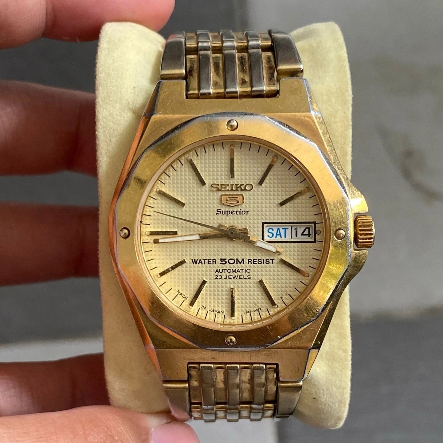 Rare Seiko 5 Superior SNZ388J1 Royal Oak Style Automatic Gold Watch Vintage Men