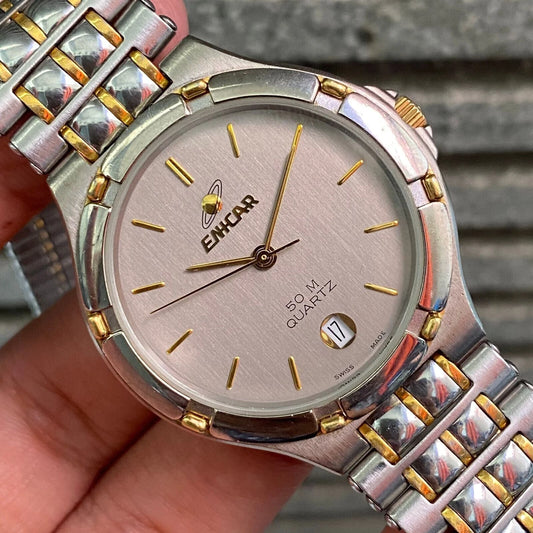 RARE Enicar 50M 955.387 Quartz Swiss Two Tone Grey Dial Vintage Watch