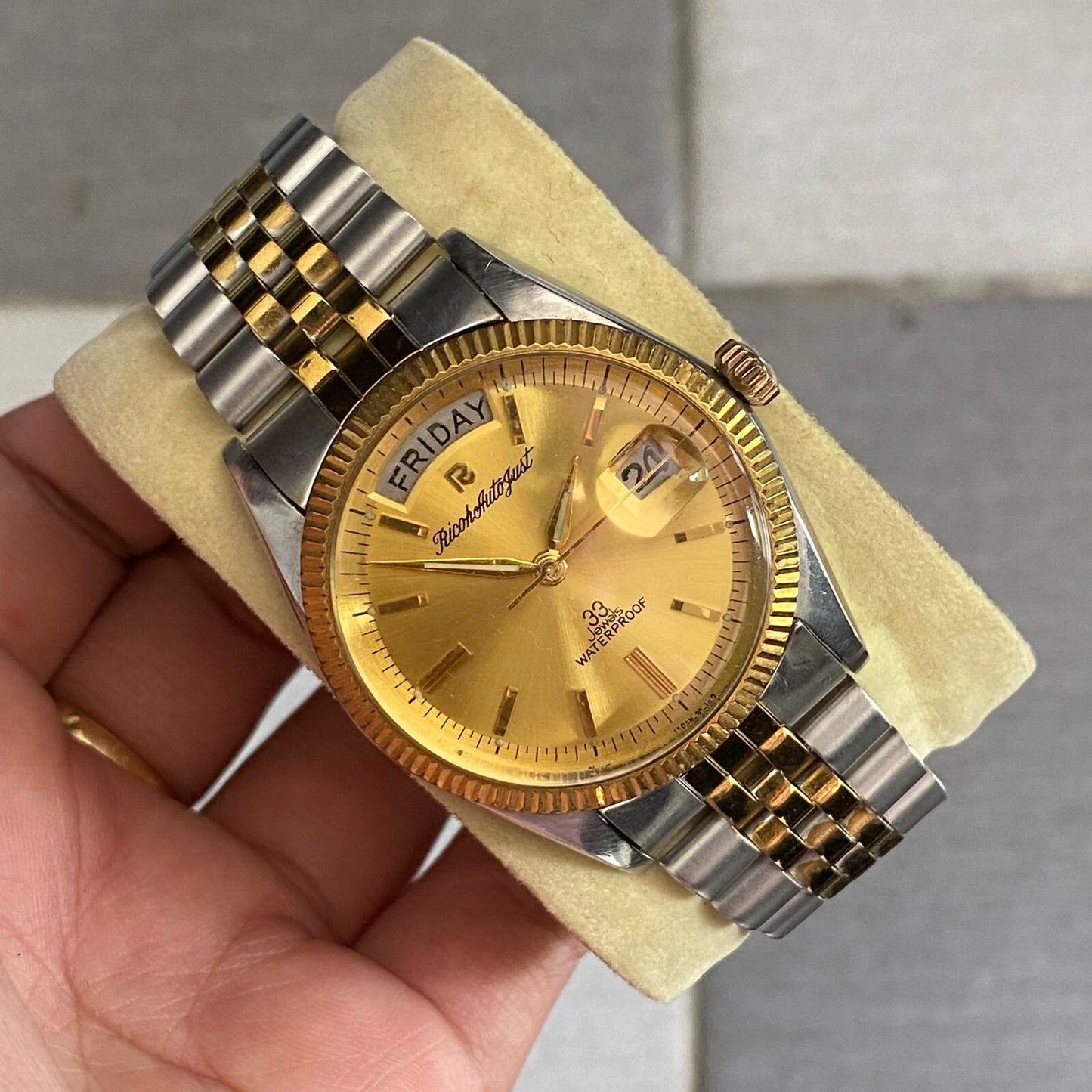 Rare Ricoh Autojust President Automatic DayDate Gold Dial Two Tone Vintage Watch