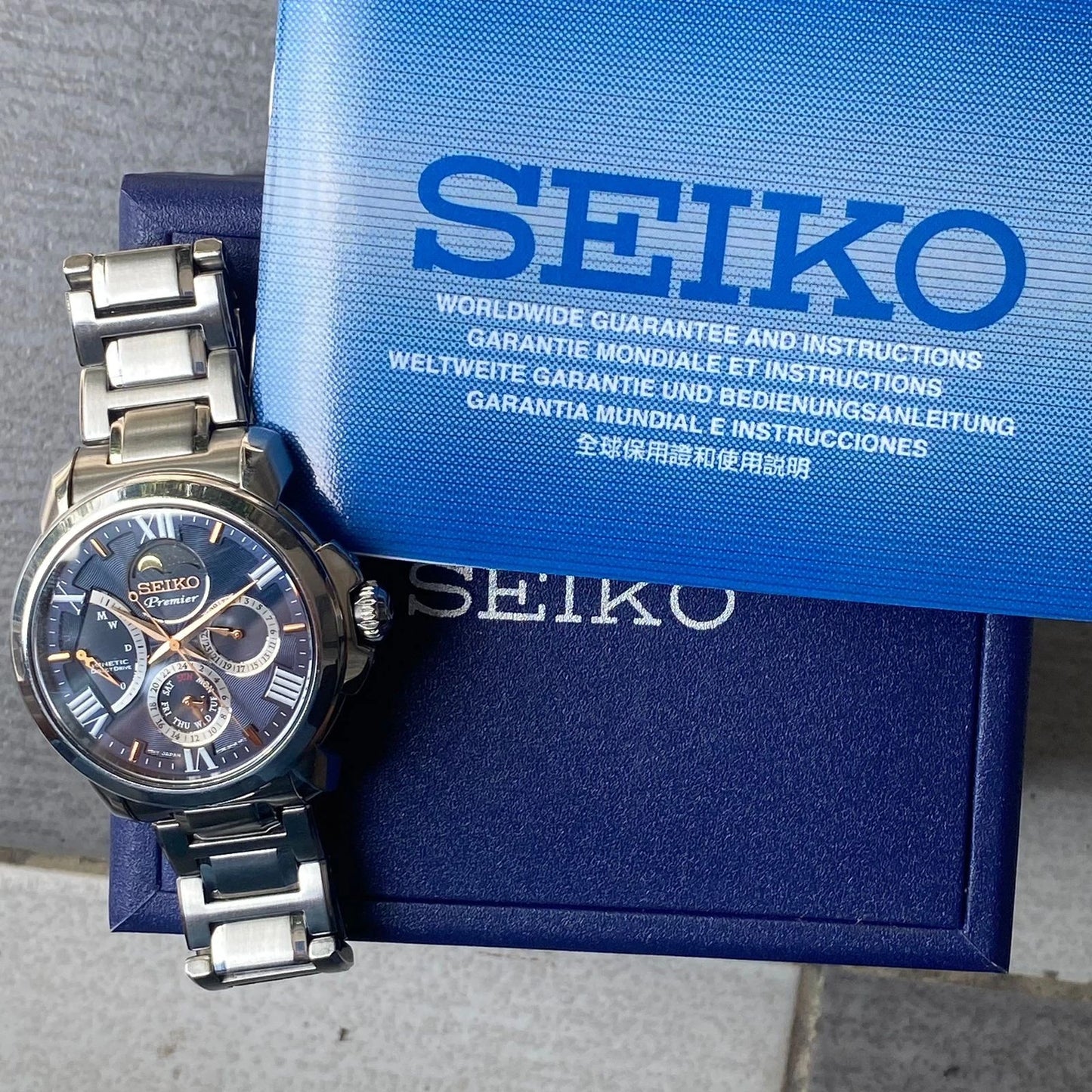 Rare Seiko Premier SRX017P1 Kinetic Direct Drive Moonphase Blue Dial Watch Men
