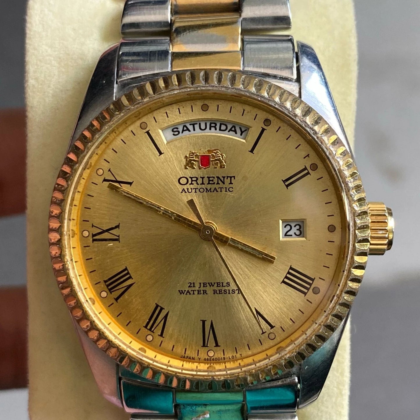 Rare Orient President Automatic Roman Index Gold Dial Two Tone Vintage Watch Men
