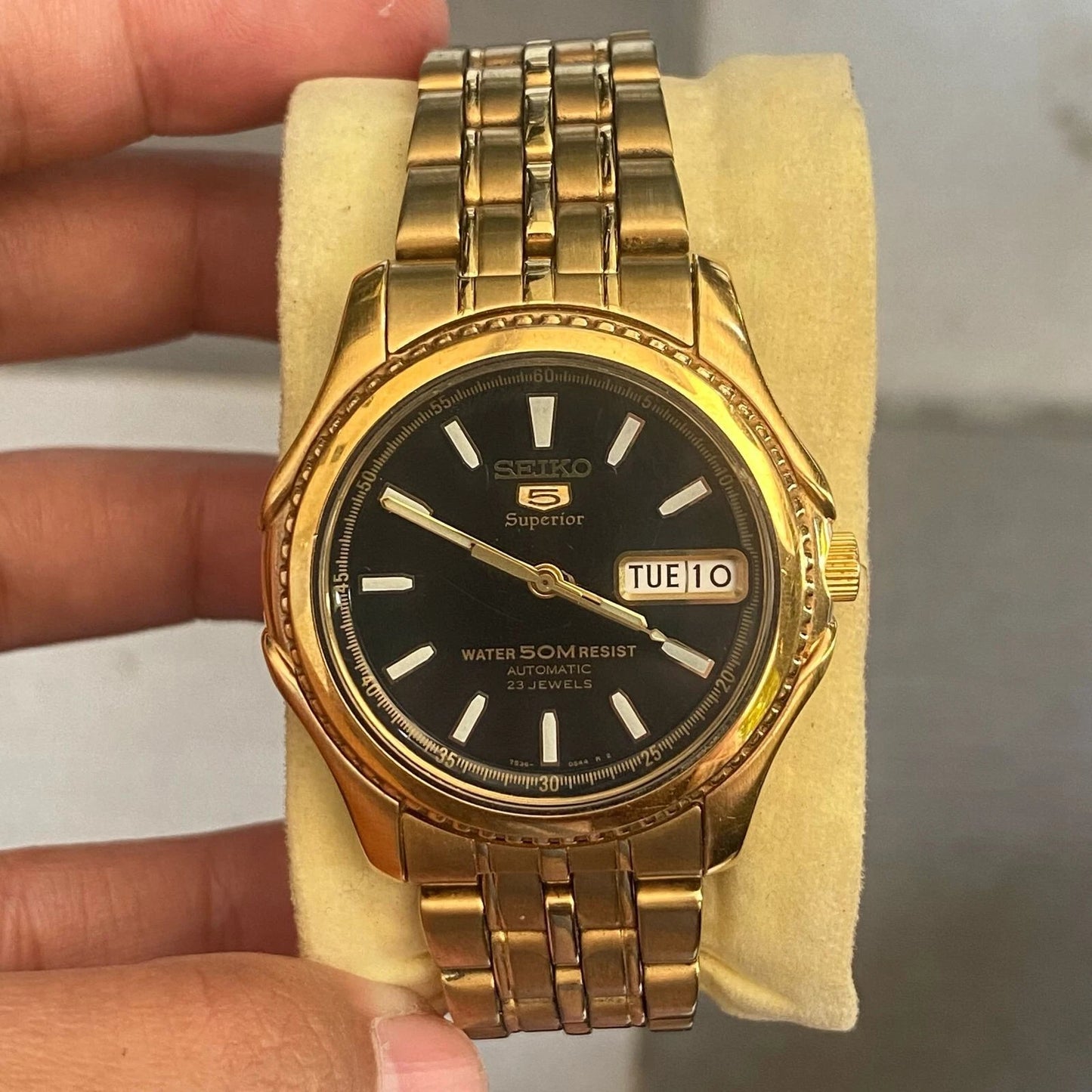 Rare Seiko 5 Superior SKZ058 Black Dial Automatic Gold Vintage Watch Men