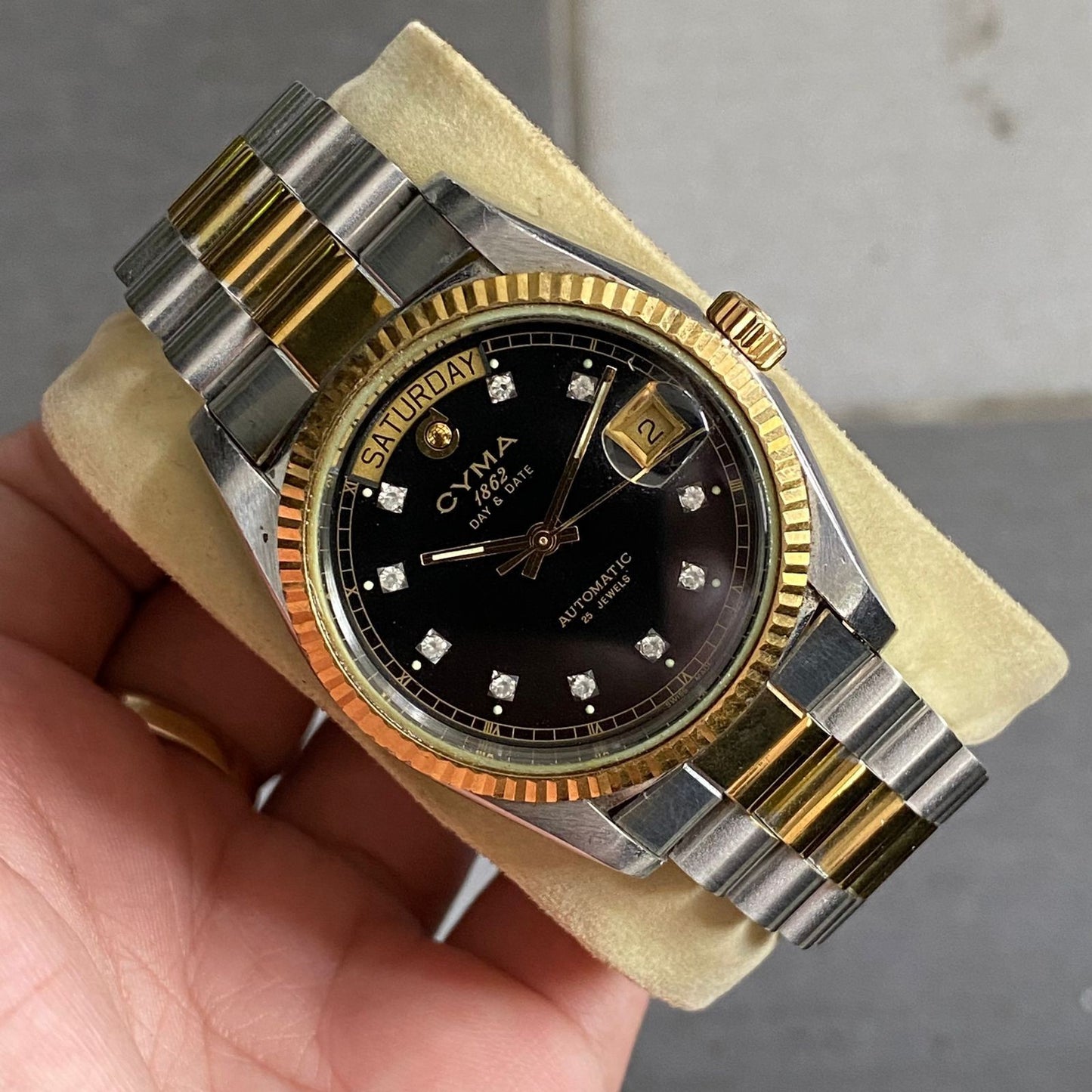 Rare Cyma President Diamond Index Two Tone Black Dial Automatic Swiss Watch Men