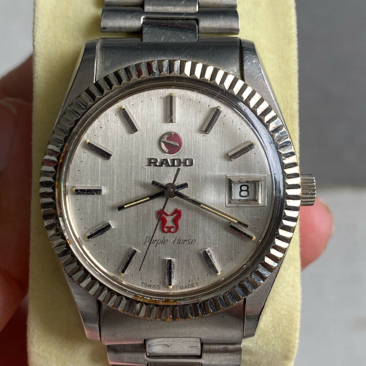RARE Rado Purple Horse Silver Dial Fluted Bezel Automatic ETA Swiss Watch Men