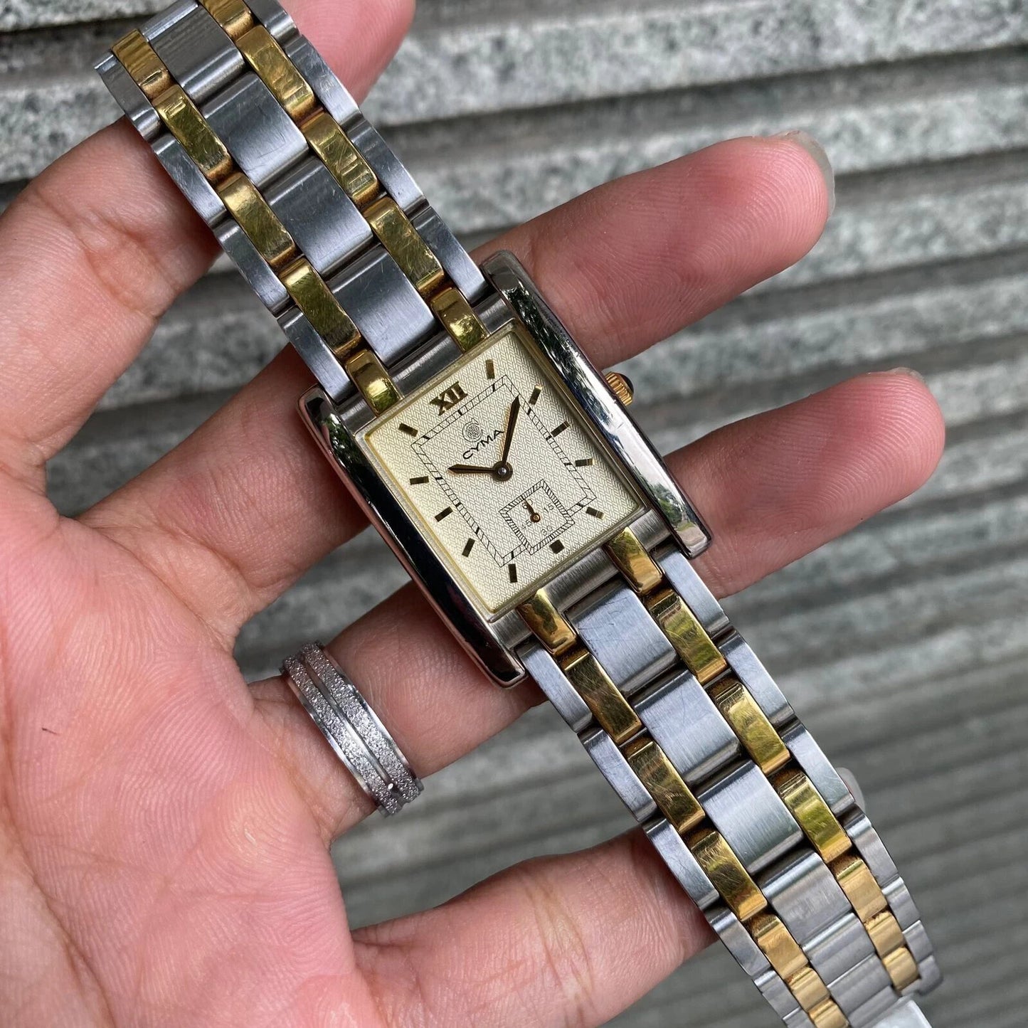 RARE Cyma Small Second Two Tone Square Swiss Made Quartz Vintage Watch