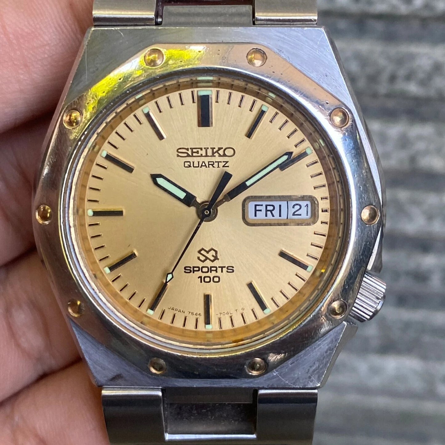 RARE Seiko Oak SQ Sports 100 Day Date VIntage Watch Quartz Gold Dial