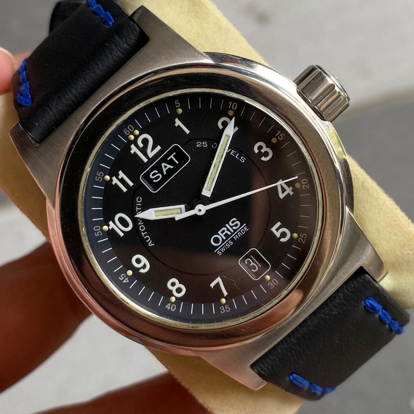 RARE Oris Military Big Crown 7500 Automatic Day Date Black Dial Swiss Watch Men