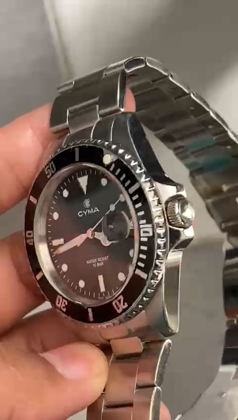 Rare Cyma Diver Quartz 8061544 Black Dial Day Date Swiss Made Vintage Men Watch