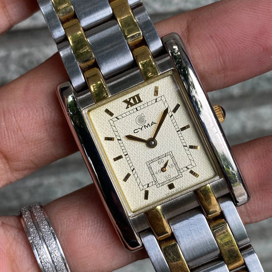 RARE Cyma Small Second Two Tone Square Swiss Made Quartz Vintage Watch