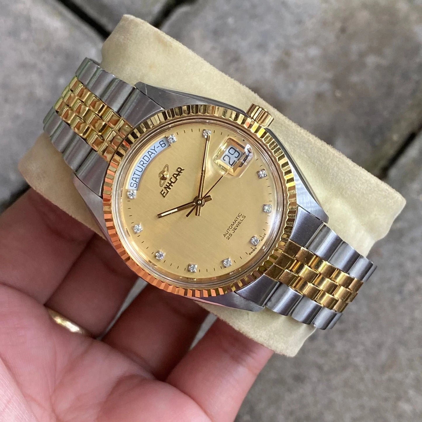 Rare Enicar Automatic President Gold Dial Diamond Two Tone Swiss Vintage Watch