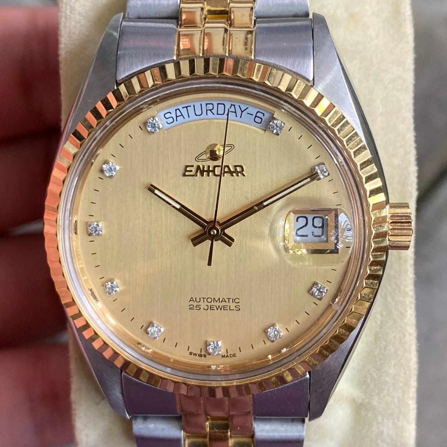 Rare Enicar Automatic President Gold Dial Diamond Two Tone Swiss Vintage Watch