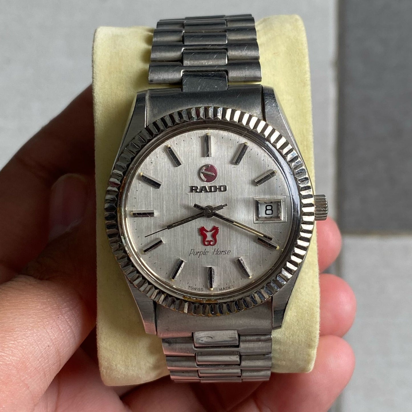 RARE Rado Purple Horse Silver Dial Fluted Bezel Automatic ETA Swiss Watch Men