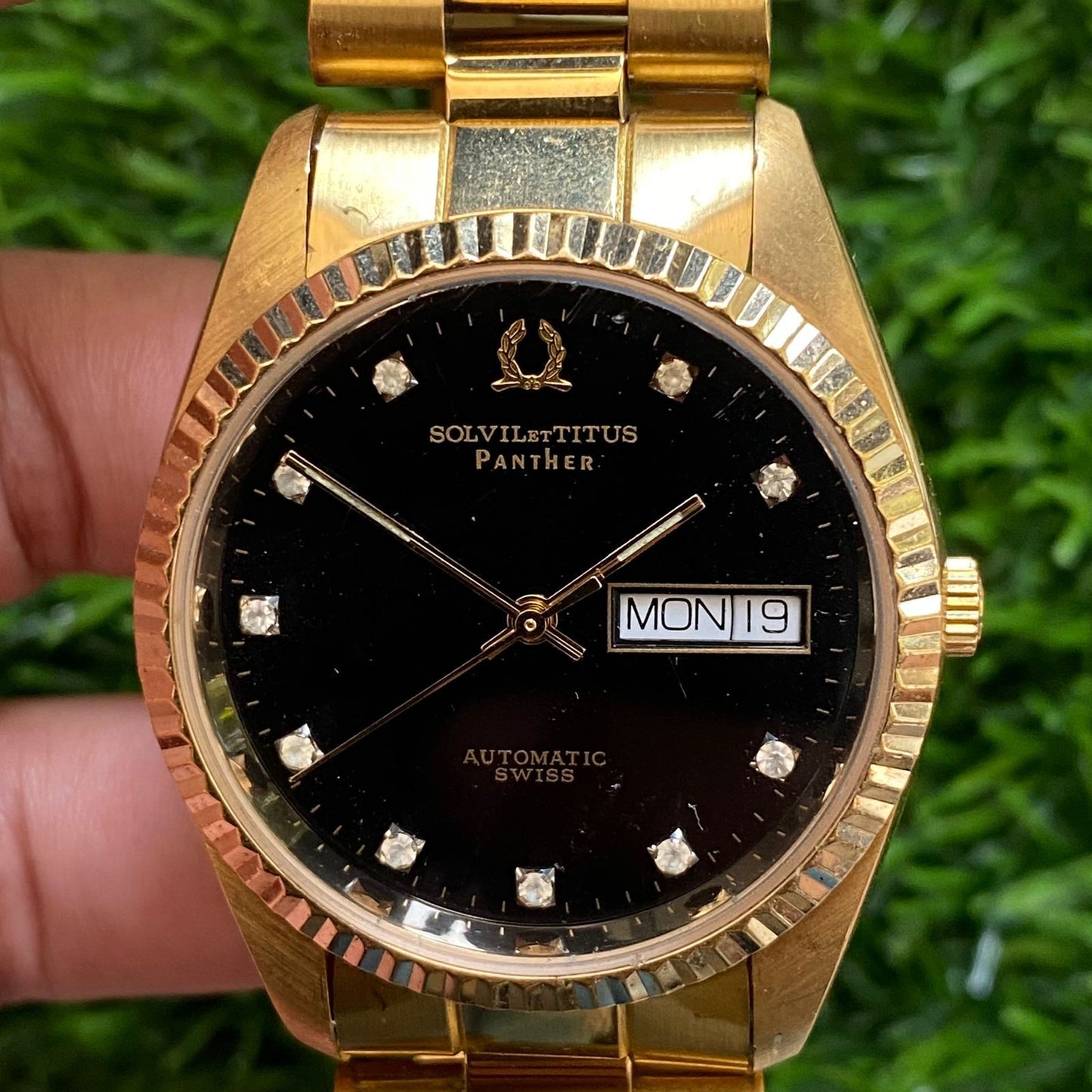 Rare Solvil et Titus Panther Automatic Day Date Index Diamond Black Dial Men