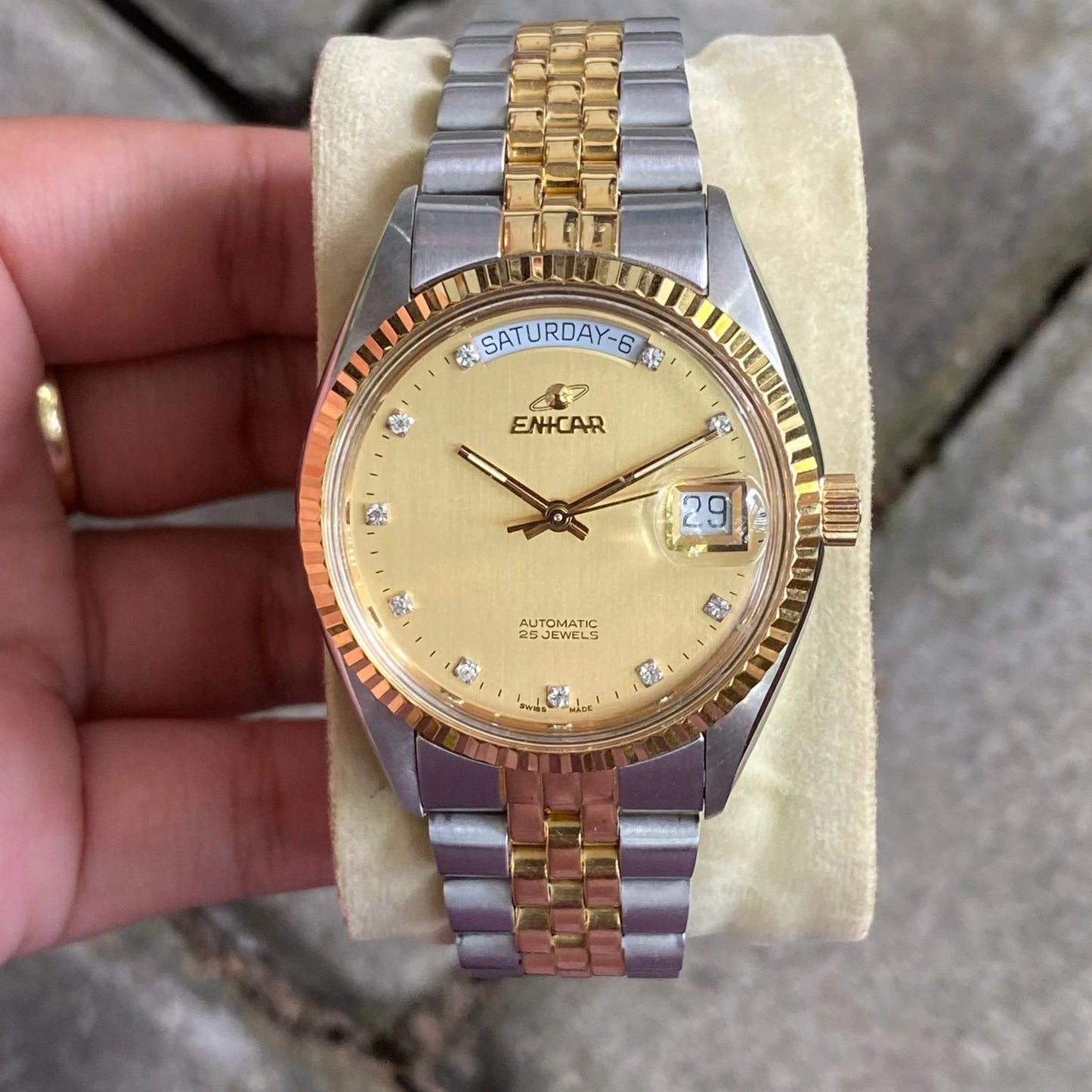 Rare Enicar Automatic President Gold Dial Diamond Two Tone Swiss Vintage Watch
