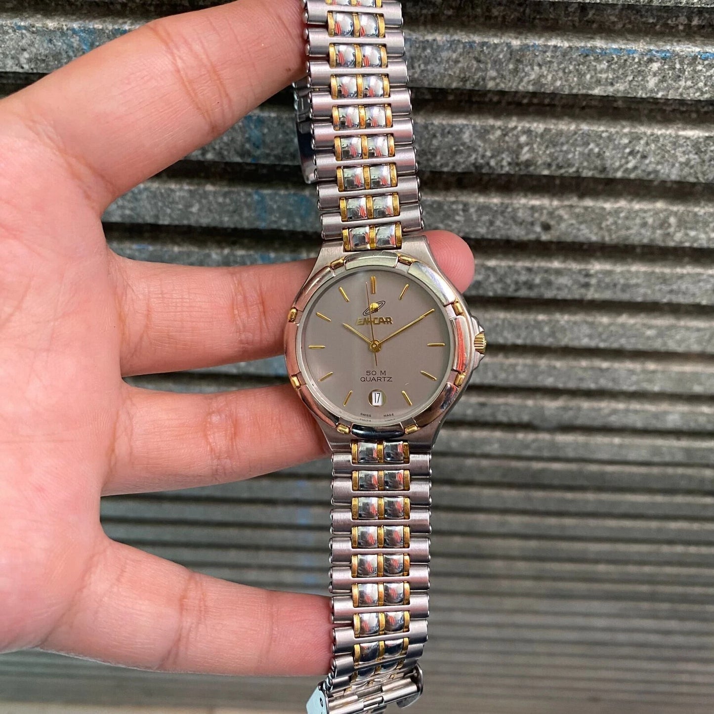 RARE Enicar 50M 955.387 Quartz Swiss Two Tone Grey Dial Vintage Watch