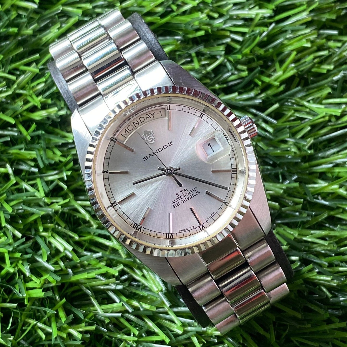 Rare Sandoz President ETA Automatic Day Date 25Jewels Swiss Watch Vintage Men JR
