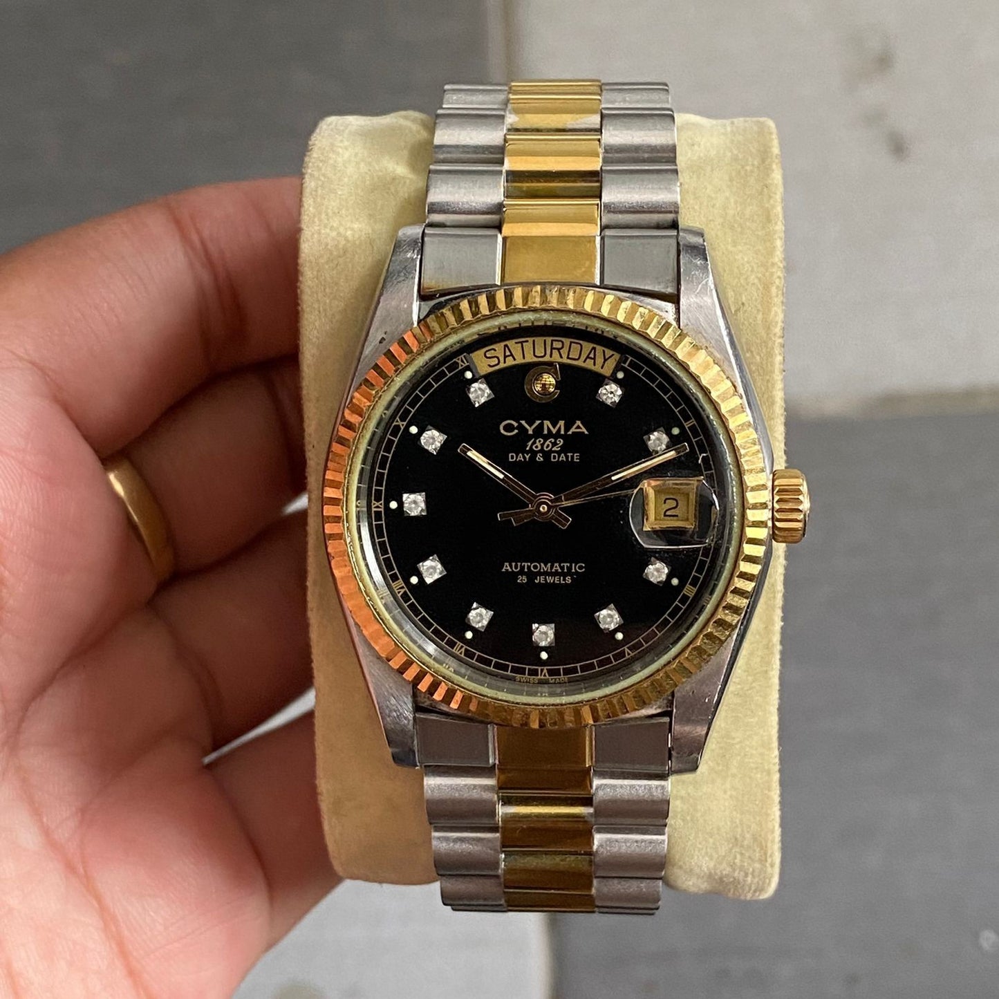 Rare Cyma President Diamond Index Two Tone Black Dial Automatic Swiss Watch Men