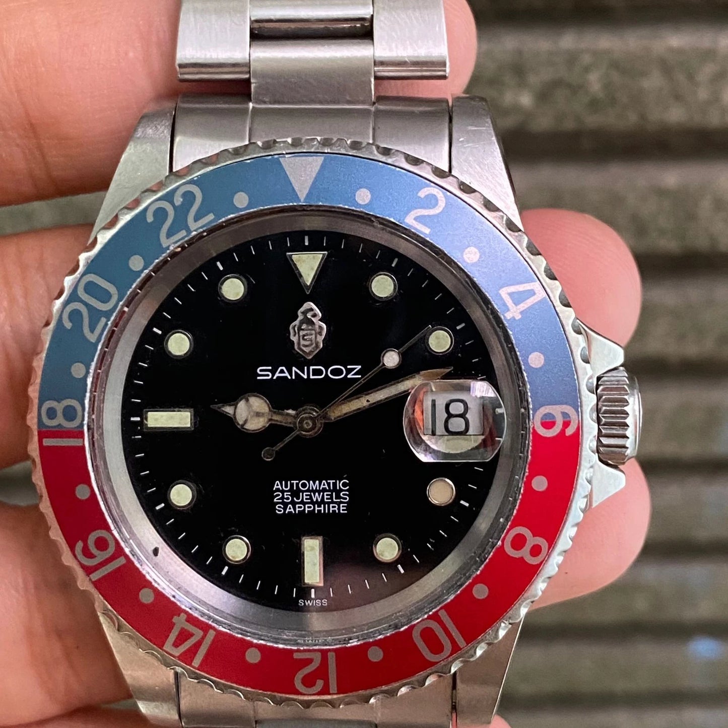 RARE Sandoz Diver Automatic Day Date Black Dial Pepsi Bezel Men Watch Diver