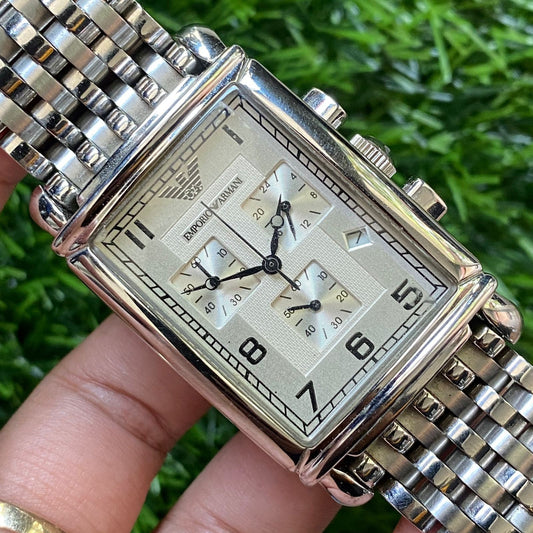Rare Emporio Armani Chronograph AR0294 Quartz Tank Stainless Vintage Watch Men