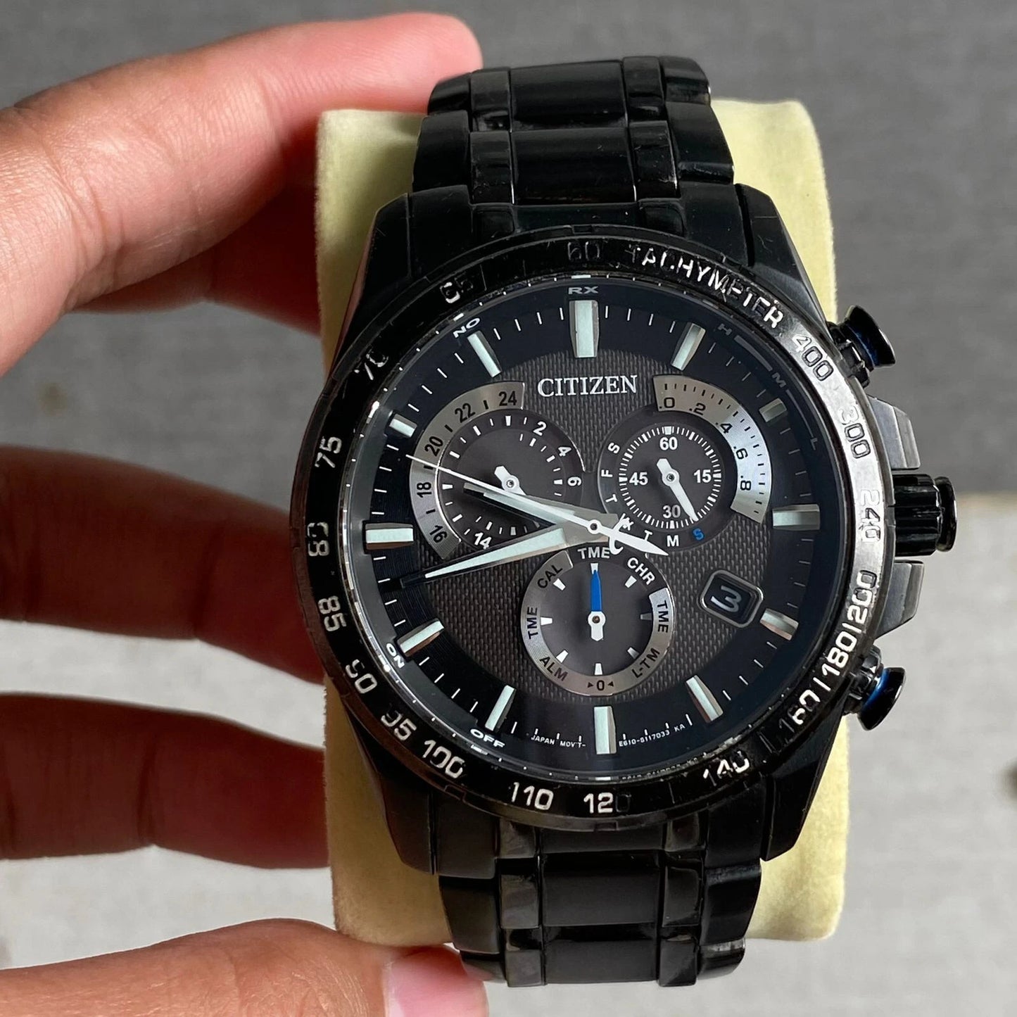 Rare Citizen Chronograph PAT3025-58E Eco Drive E610 Solar Black Dial Watch Men