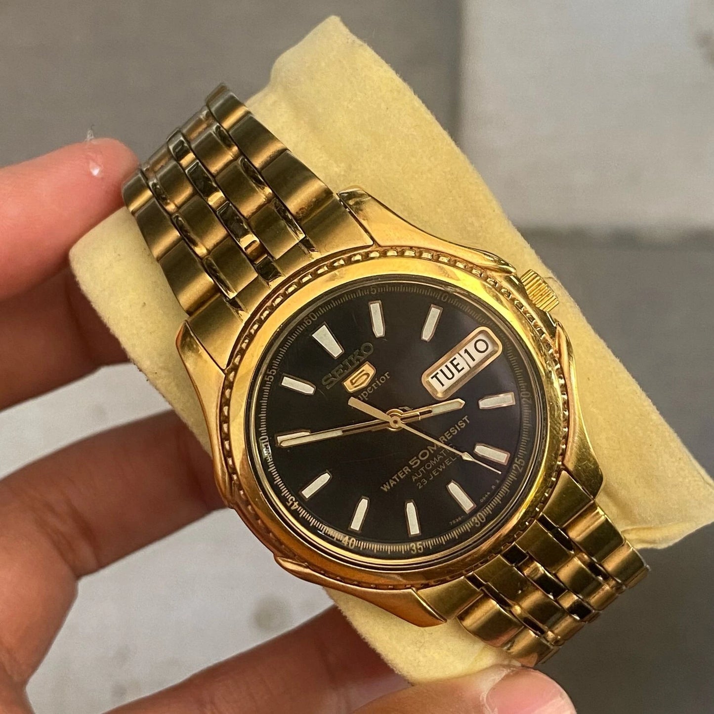 Rare Seiko 5 Superior SKZ058 Black Dial Automatic Gold Vintage Watch Men