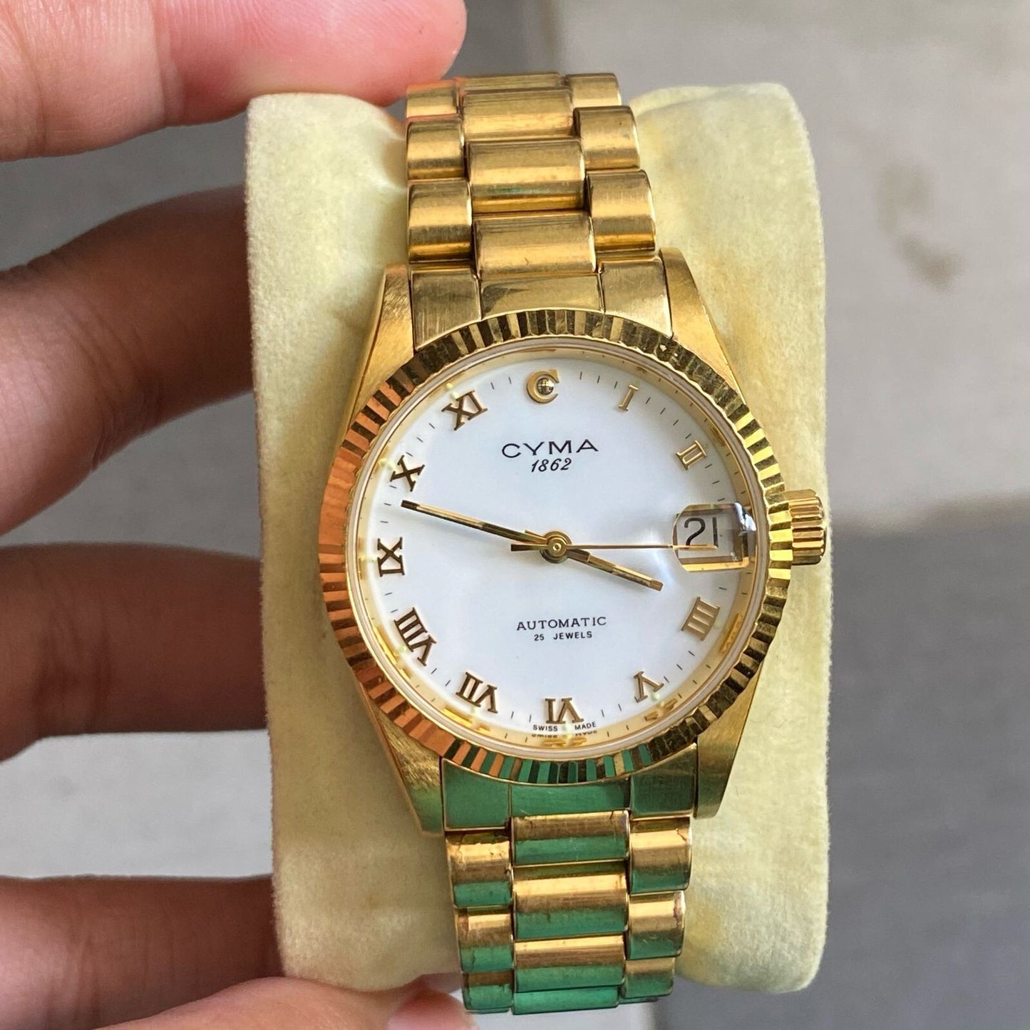 Rare Cyma Automatic Roman Index White Dial Gold Swiss Vintage Watch Boys Size