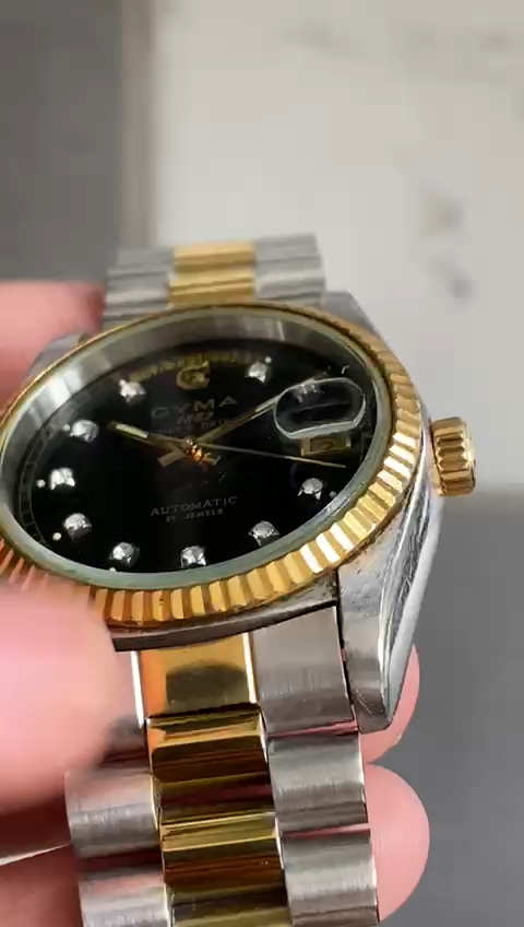 Rare Cyma President Diamond Index Two Tone Black Dial Automatic Swiss Watch Men