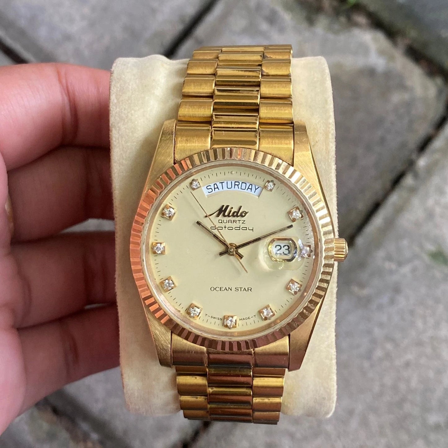 Rare Mido President Datoday Quartz Ocean Star DayDate Gold Diamond Vintage Watch