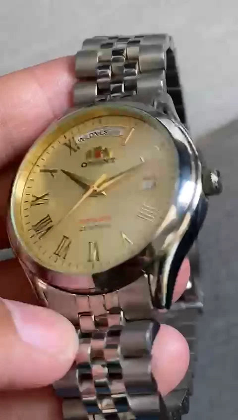 Rare Orient President Automatic Roman Index Beige Dial Day Date Vintage Watch