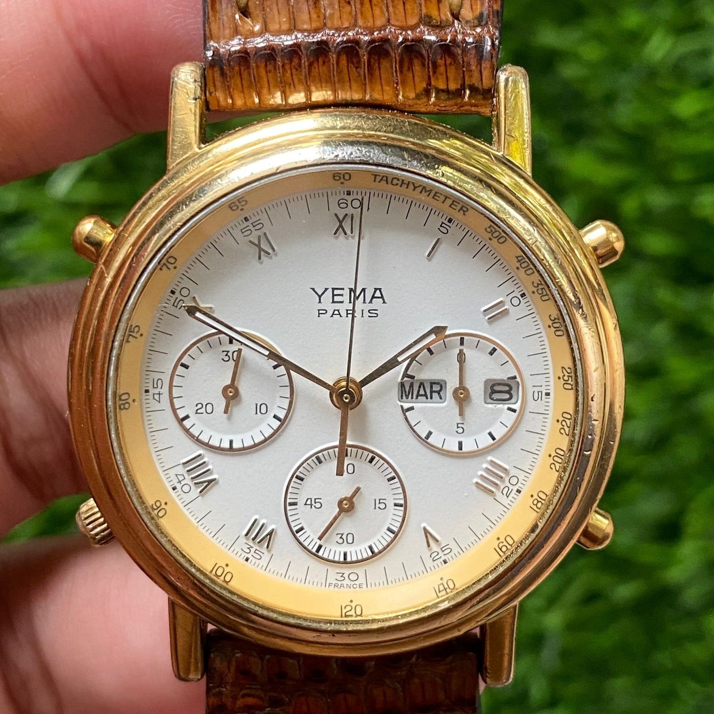 Rare Yema Paris Chronograph Quartz 7A38 Roman Index White Dial Vintage Men Watch
