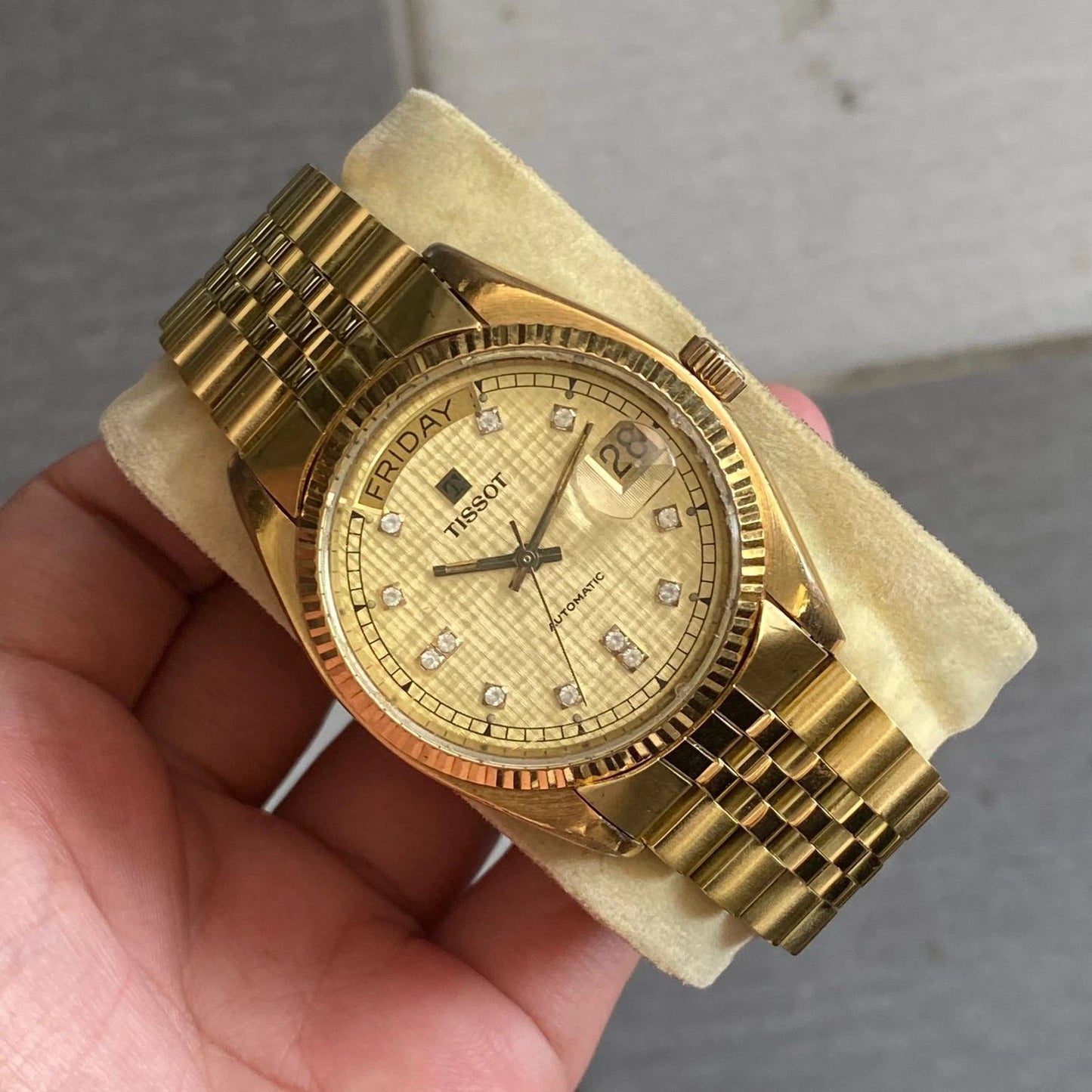 Rare Tissot President Linen Dial Gold Automatic Index Baton Watch Men Vintage