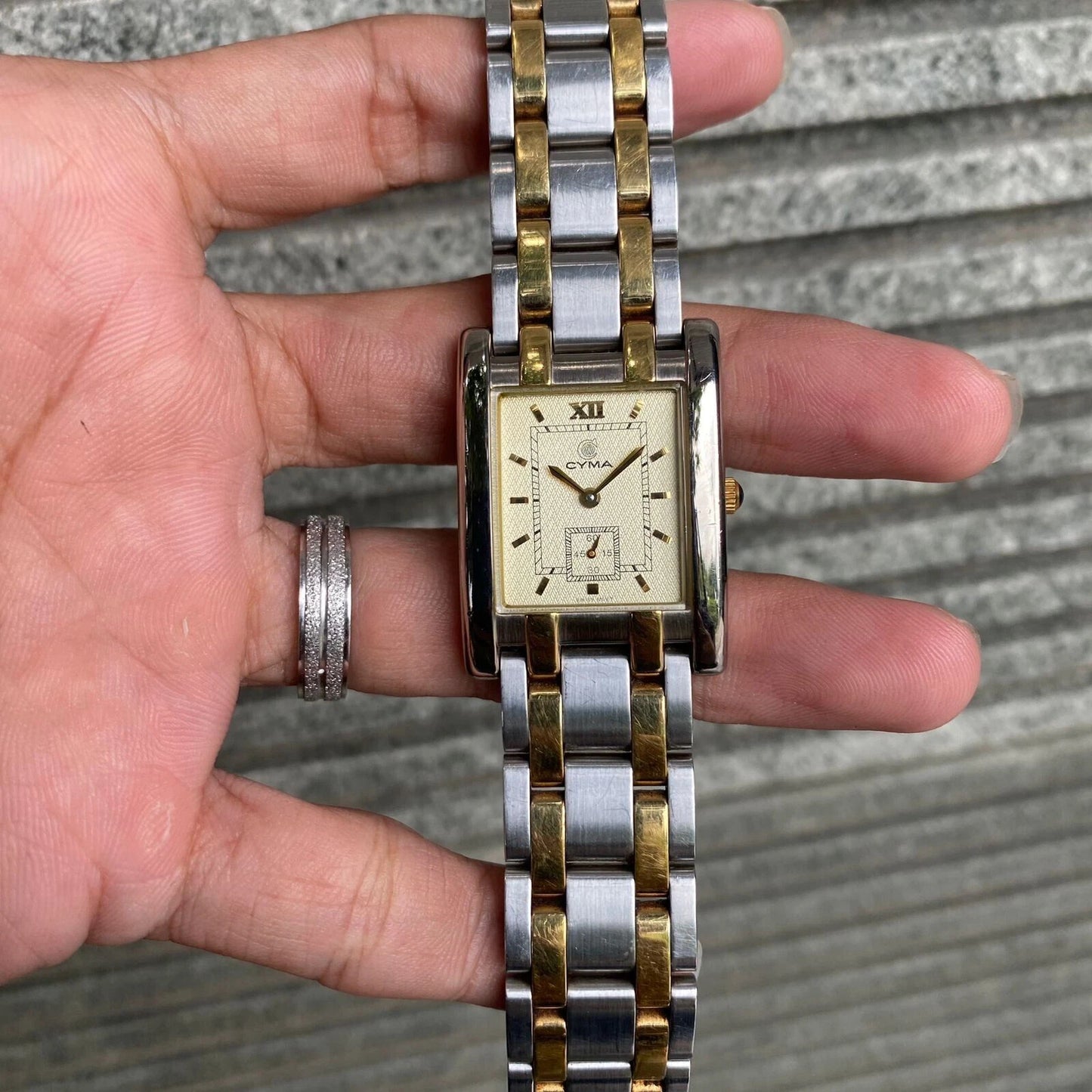 RARE Cyma Small Second Two Tone Square Swiss Made Quartz Vintage Watch