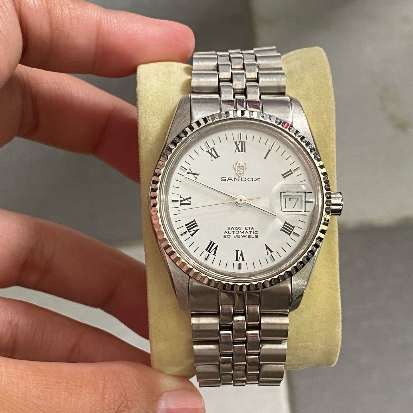 RARE Sandoz President Automatic Roman Index Diamond White Dial Swiss ETA Watch