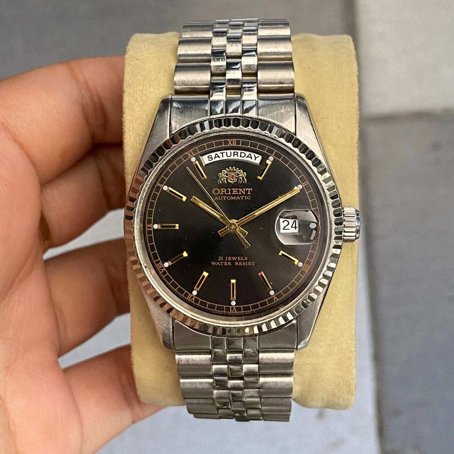 Rare Orient President Black Dial Baton Day Date Automatic 21 J Watch Vintage Men