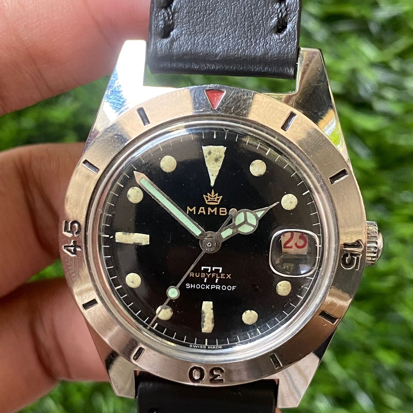 Rare Mamboo Rubyflex Quartz Shockproof Date Black Dial Vintage Swiss Watch Men