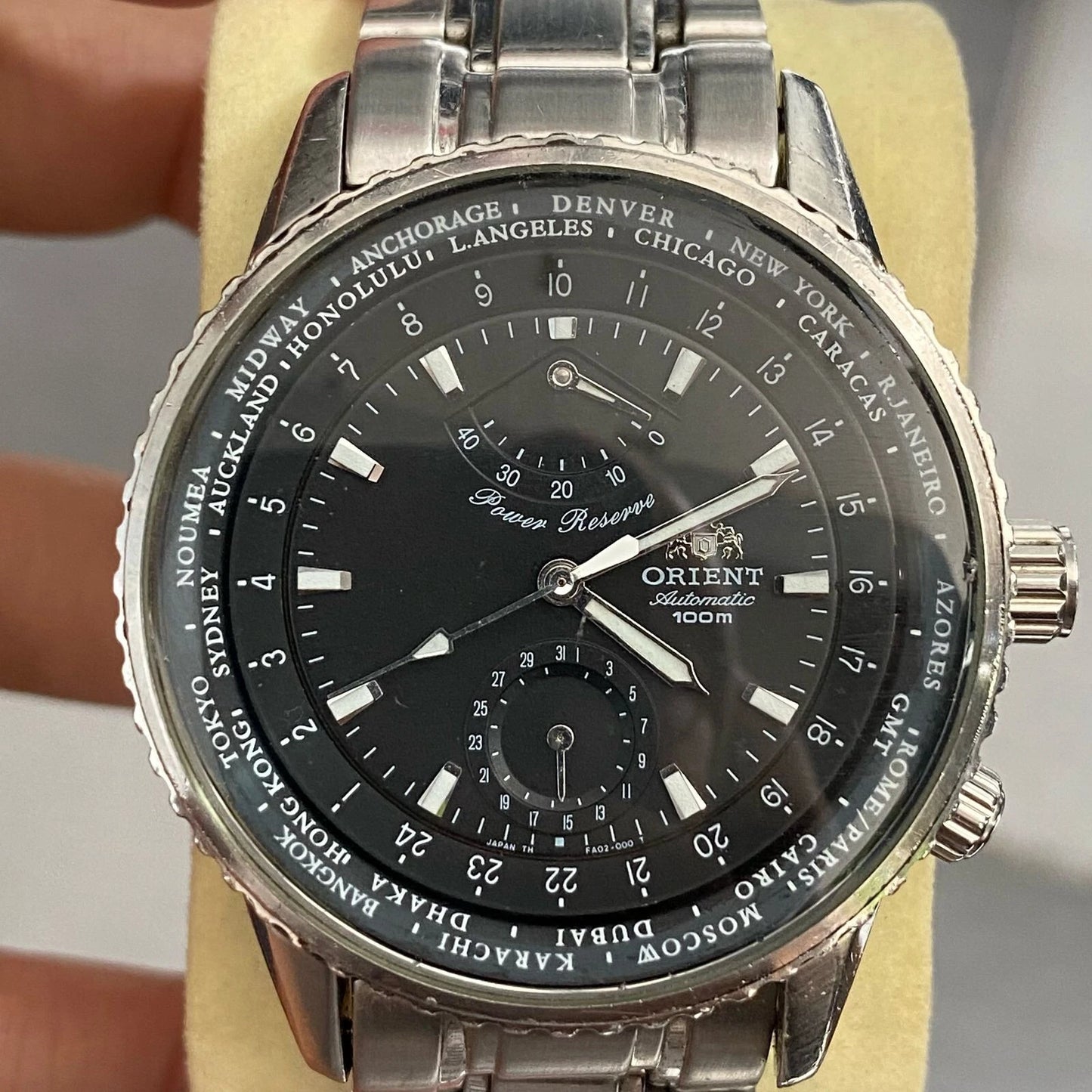 Rare Orient King Master Automatic Power Reserve Black Dial World Timer Watch Men