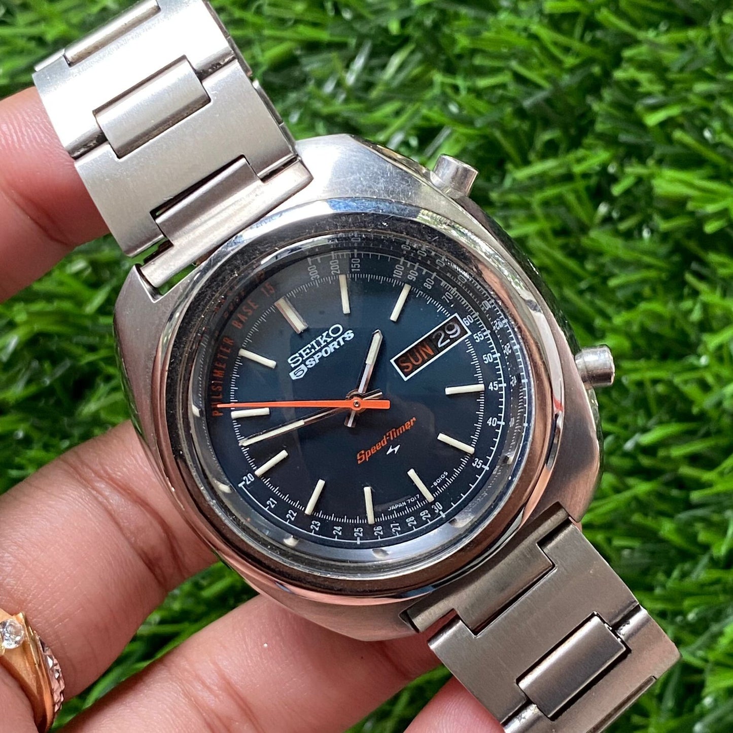 Rare Seiko 5 Speedtimer Automatic 7017-8000 Blue Dial Day Date Vintage Watch Men